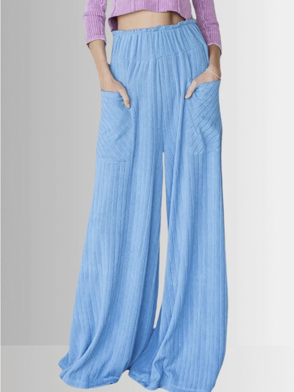 Wide Leg Ribbed Knit Pants with Patch Pockets - Light Blue